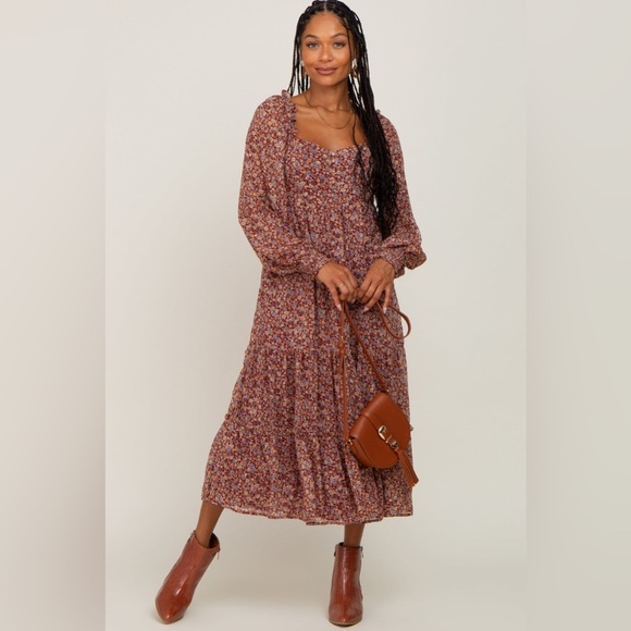 By The River Floral‎ Burgundy Ruffle Accent Midi Dress Size Medium - Picture 2 of 12